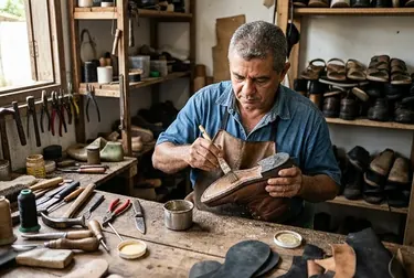 Sapateiro colando a sola de um calçado em Barcarena, com atenção aos detalhes do trabalho.