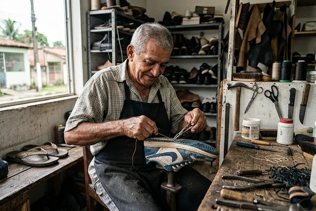 Sapateiro reparando um tênis em Barcarena, utilizando as ferramentas de trabalho.