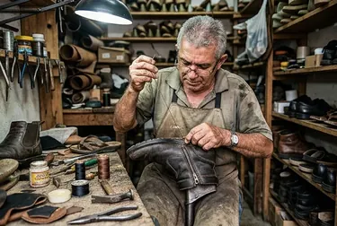 Sapateiro consertando o zíper de uma bota em Barcarena, demonstrando habilidade no conserto.