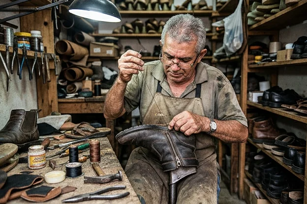 Sapateiro consertando o zíper de uma bota em Barcarena, demonstrando habilidade no conserto.